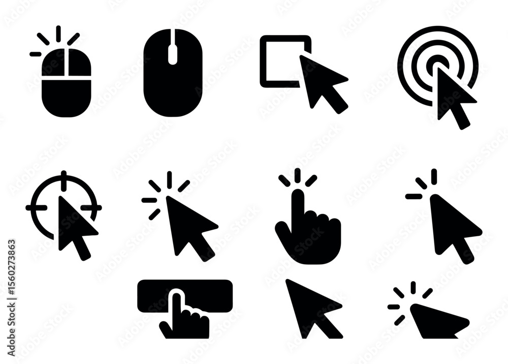 Poster cursor, click filled icon set. mouse, pointer, navigation icons collection