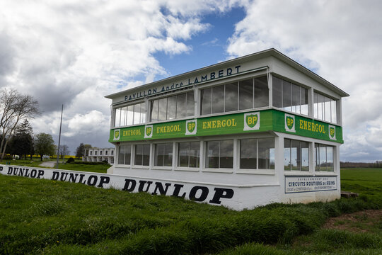 GUEUX, FRANCE, 3 APRIL 2024: The Andre Lambert Pavillion at the abandoned Reims-Gueux motor racing circuit located at Gueux. It is a tourist attraction west of Reims in the Champagne region in France.