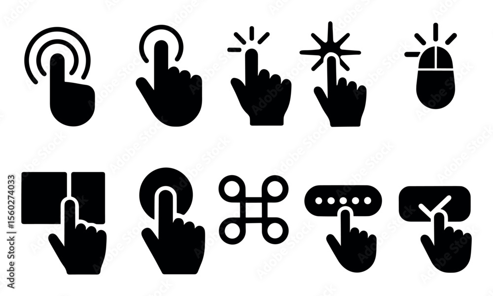 Poster gesture and pointer solid icon set. interactive, touch, click icons solid collection