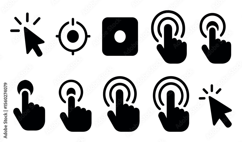 Poster computer interaction solid icon set. click, touch, cursor icons for ui design