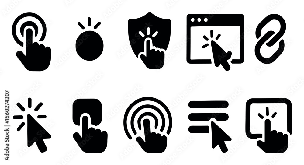 Poster navigation, user interface solid icon set. click, hand gesture icons solid collection