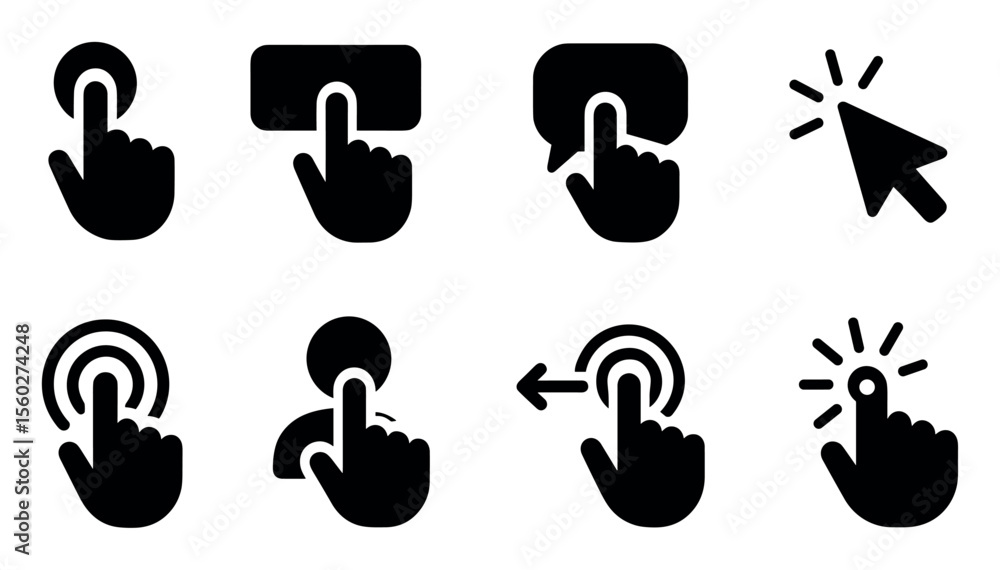 Poster touch gesture solid icon set. interaction, user interface icons solid collection