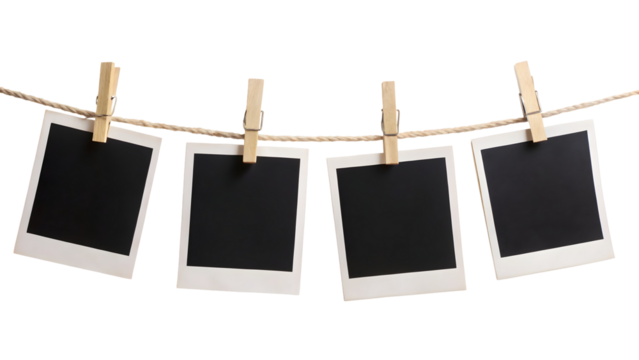 Four Blank Instant Photo Frames Hanging on a Rope Isolated on White Background

