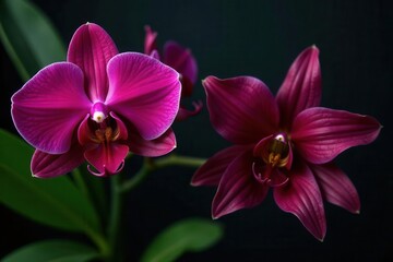 Intense crimson orchids & black lilies, lush leaves , vibrant, petals
