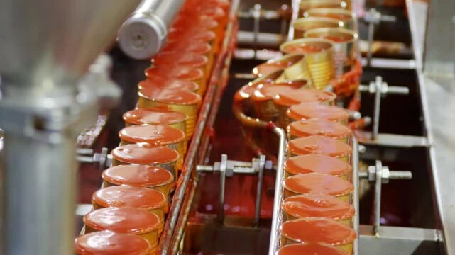 Cooked sardines or mackerels packed in aluminum cans are sent through clean production line of conveyor belts tomato or chill sauce filling machine in a modern industrial canning plant.
