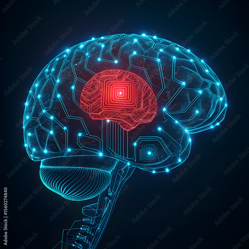 Poster sci-fi glowing wireframe of an ai brain core, electric blue lines and neural circuits forming a futu