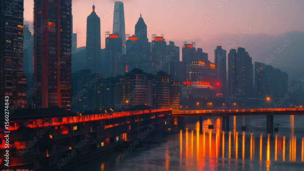 Poster a view of a city with a bridge spanning over a river, offering a scenic perspective