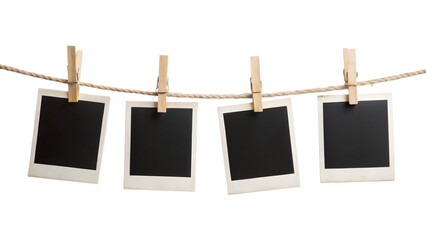 Four Blank Instant Photo Frames Hanging on a Rope Isolated on White Background

