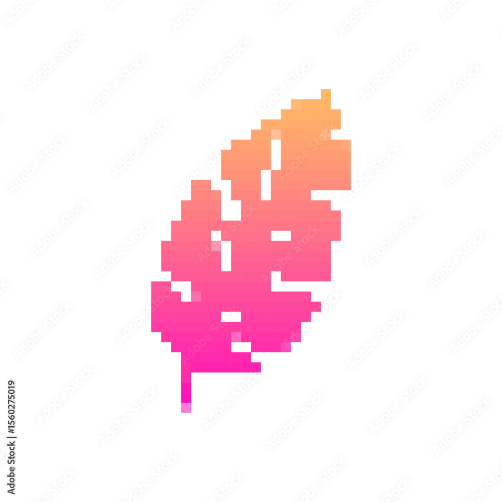 Poster a pixel art leaf icon in a retro 8 bit style. it features a vibrant gradient from orange to pink.