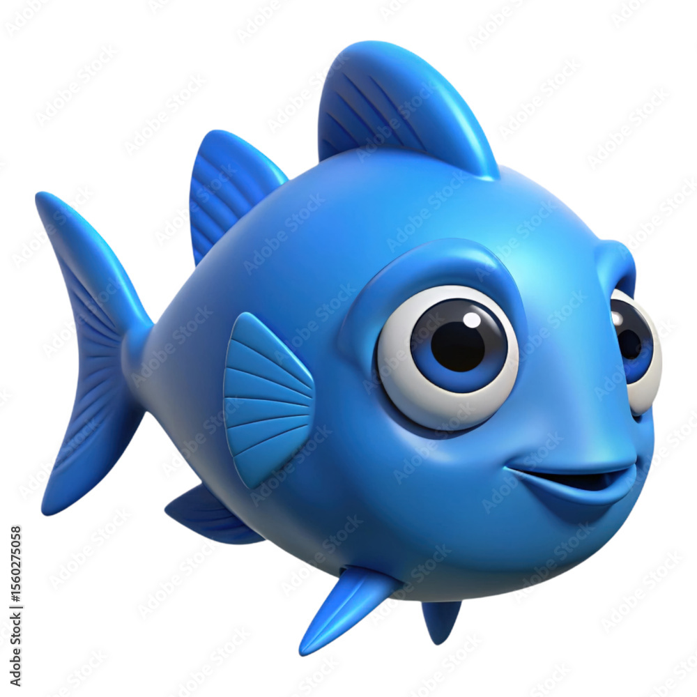 Fototapete Cartoonish blue fish character with large eyes smiling and fins rendered in a 3 D style isolated on a transparent background