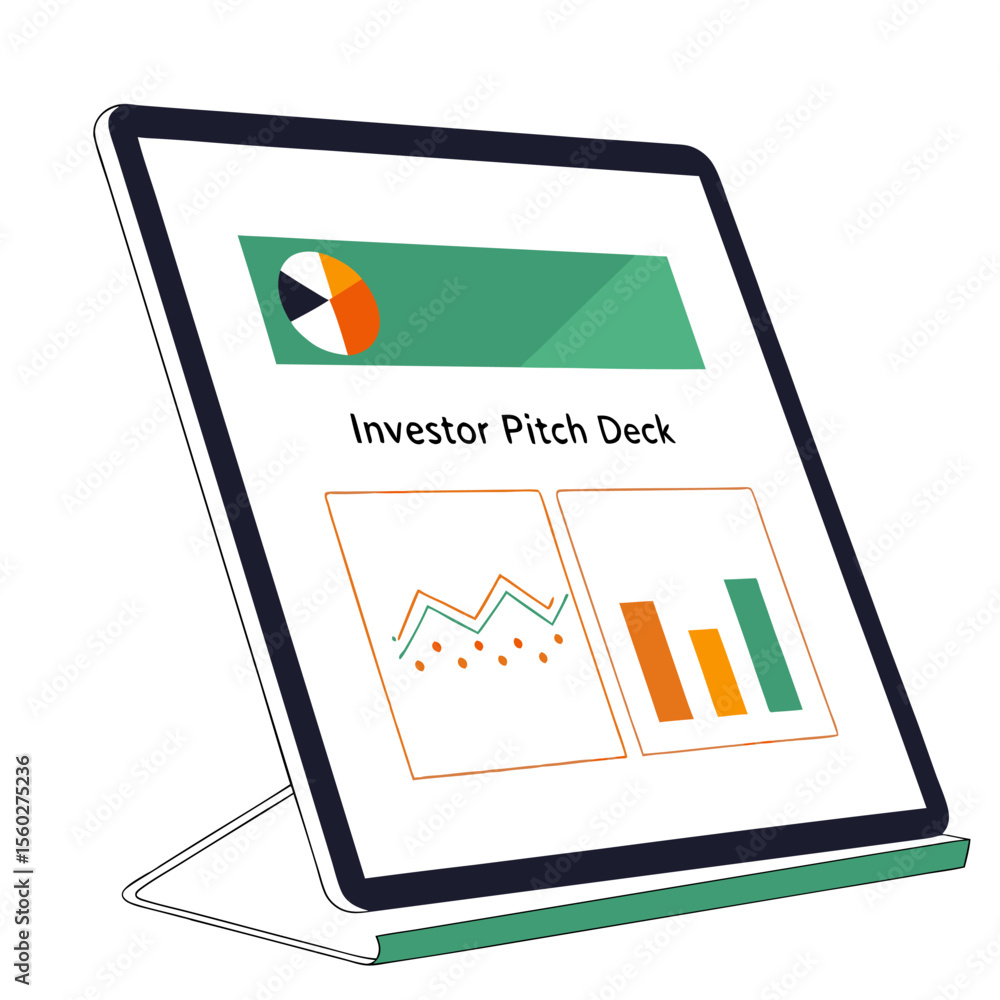 Poster investor pitch deck displayed on a tablet with charts and graphs on the screen presenting data analy
