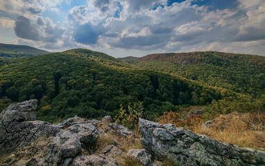 Vast forested hills under dramatic clouds, seen from the Odvas-kő lookout in Hungary’s Bükk Mountains.