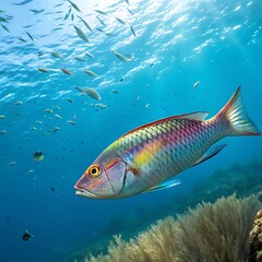 Fototapeta premium Rainbow scaled fish swimming in blue ocean underwater