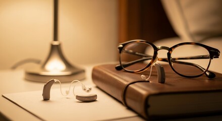 Close-up of eyeglasses, hearing aids, and a book resting on a nightstand with a lamp.