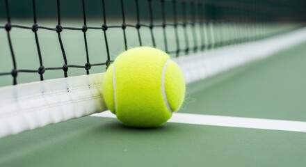A close call. A single yellow tennis ball rests against the white tape of the net on a green hard court.