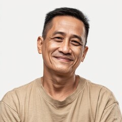 Obraz premium Happy Middle Aged Asian Man Smiling Gently in a Beige T Shirt Studio Portrait