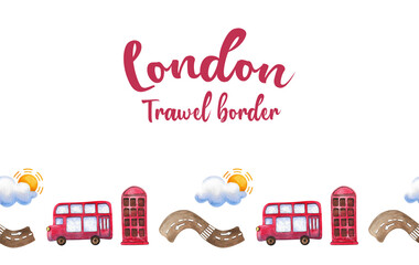 Seamless border. Festive collection of hand-drawn watercolor elements with British symbols. Illustrations Big Ben, Abbey Road sign, double-decker bus, telephone box, hat.