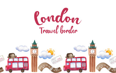Seamless border. Festive collection of hand-drawn watercolor elements with British symbols. Illustrations Big Ben, Abbey Road sign, double-decker bus, telephone box, hat.