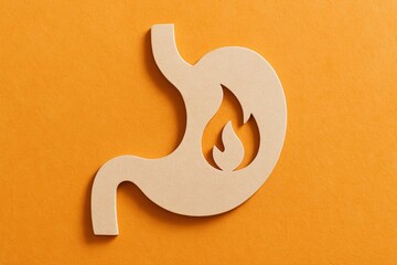 Beige Cardboard Stomach with Flame Symbolizes heartburn or acid reflux issues against vibrant orange background, ideal for digestive health advertising.