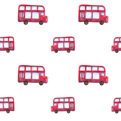 Seamless pattern. Festive collection of hand-painted watercolor elements with British symbols. Illustrations red double-decker bus, telephone box.