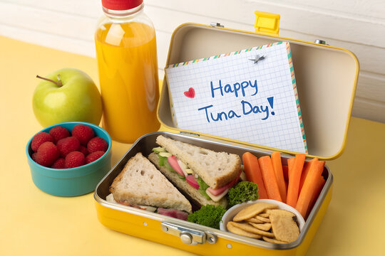 Happy Tuna Day! A healthy packed lunchbox with a tuna sandwich, fresh fruit, vegetables, and juice. A fun concept for a school or work meal generative ai