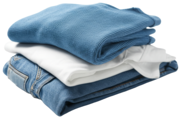 Folded blue sweater, white t-shirt, and denim jeans stack on white, transparent background png