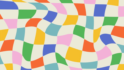 Psychedelic colorful checkerboard background. Abstract groovy hippie 60s-70s design. Distorted vector illustration in Y2k style