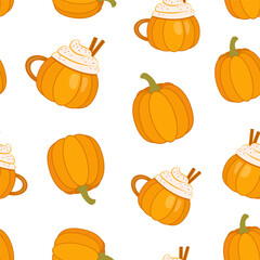 Seamless pattern with pumpkins and a mug of pumpkin latte. Vector illustration