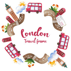 Festive frame of hand-drawn watercolor elements with British symbols. Illustrations of Big Ben, Abbey Road sign, double-decker bus, telephone box arranged in a circle on a white background