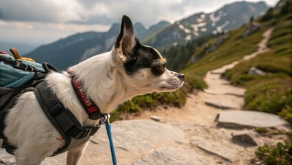 Adorable small dog wearing hiking backpack walking on rocky mountain trail during golden hour with scenic alpine landscape and autumn colors in background