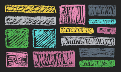 Chalk grunge rectangles set. Chalkboard sketches. Grunge rectangular shapes collection. Colorful chalk rectangles and squares. Grungy framings.