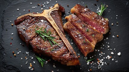 Dry Aged Barbecue Porterhouse Steak T-bone beef steak sliced with large fillet piece with herbs and salt