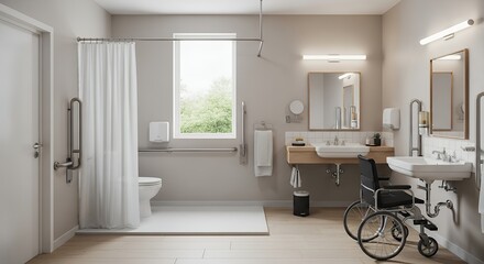 A modern bathroom designed for accessibility, featuring a wheelchair, shower, and grab bars.