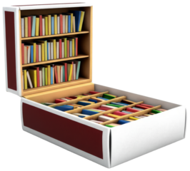 Miniature bookshelf inside a box with colorful books, transparent background png