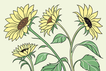 Set of watercolor sunflower plants