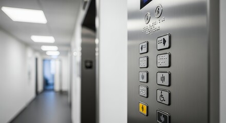 Modern elevator control panel in a clean, bright hallway.