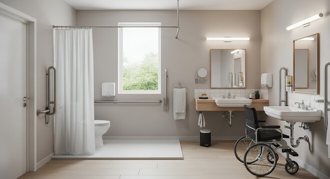 A modern bathroom designed for accessibility, featuring a wheelchair, shower, and grab bars.