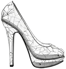 Stylized shattered glass high heel shoe art against white backdrop, transparent background png