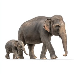Obraz premium Adorable Asian Elephant Calf Walking with Mother on White Background Stock Photo