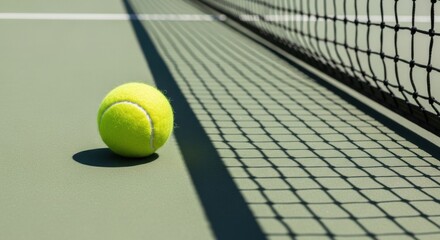 A single tennis ball lies on a green hard court, with the net casting a long shadow from the bright sun. A simple sports background with copy space.