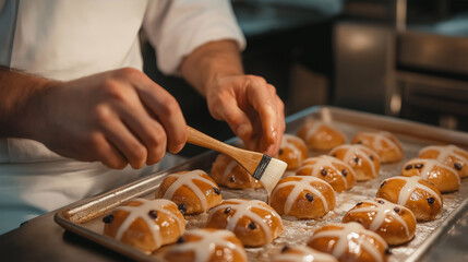 Baker brushing sugar syrup glaze onto a tray of fruit hot cross buns made with yeast and sourdough 