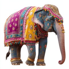 Decorated Indian Elephant in Colorful Clothing Standing Isolated on White Background