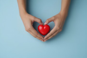 Two gentle hands forming a heart shape around a shiny red heart symbol on a soft blue background representing love and care