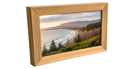 A framed landscape photograph shows a stunning sunset over a tranquil beach with waves gently...