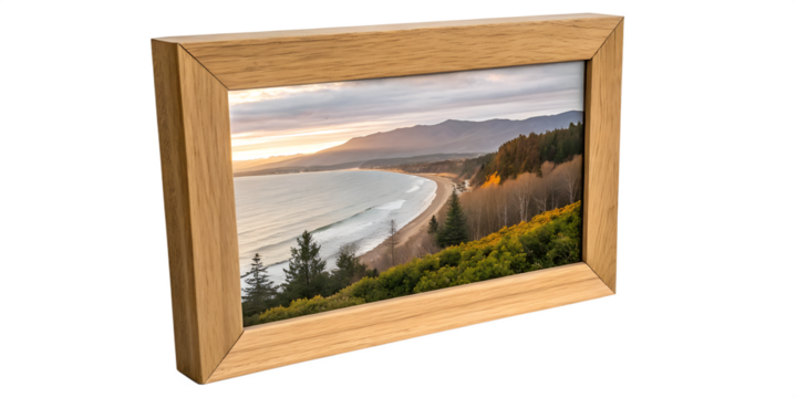 A framed landscape photograph shows a stunning sunset over a tranquil beach with waves gently lapping the shore, isolated on transparent background