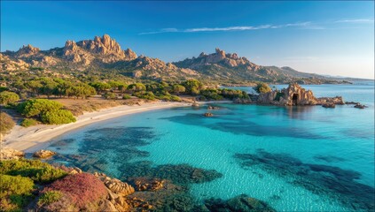 Pristine beach with turquoise water and rocky hills