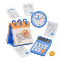 3D tax time and deadline concept with calendar, clock, and calculator. Isolated on transparent background, png