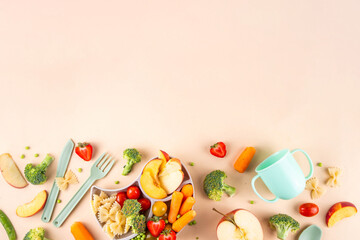 Baby finger food, various baby snacks, pasta, vegetables, fruits chopped for convenient, safe...