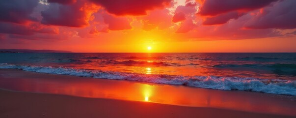 Crimson and gold sunset over Alghero's sandy shore , coastal, waves, sunset