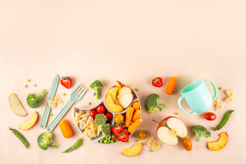 Baby finger food, various baby snacks, pasta, vegetables, fruits chopped for convenient, safe...